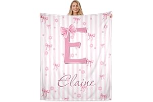 Custom Name Pink Bow Blanket for Girls – Personalized Baby Blanket with Initial – Soft Flannel Throw for Daughter, Granddaugh