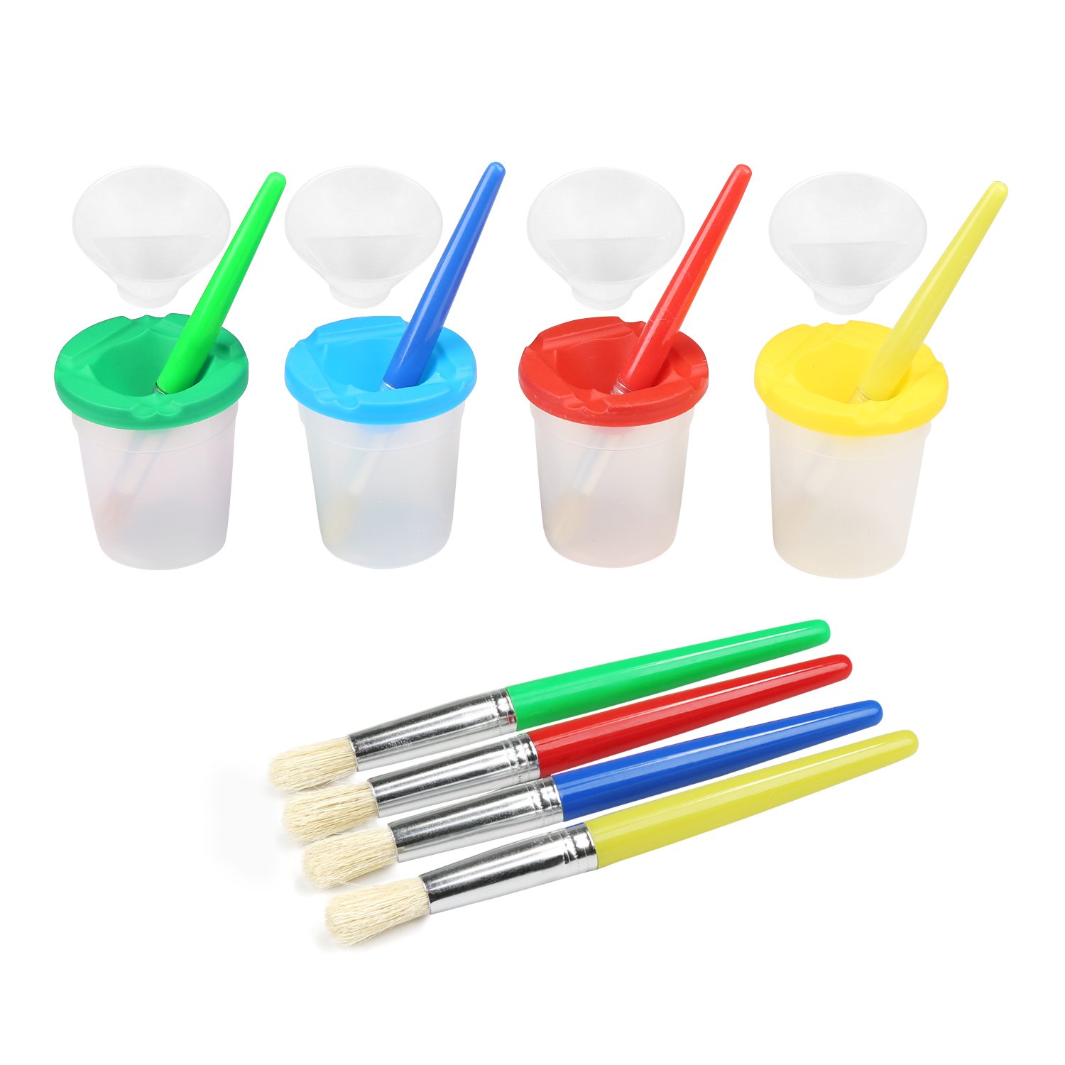 Spill Proof Paint Cups, BELLESTYLE 4 Colors No-Spill Paint Cups with Lids & 4 Pieces Assorted Colored Children's Painting Brushes