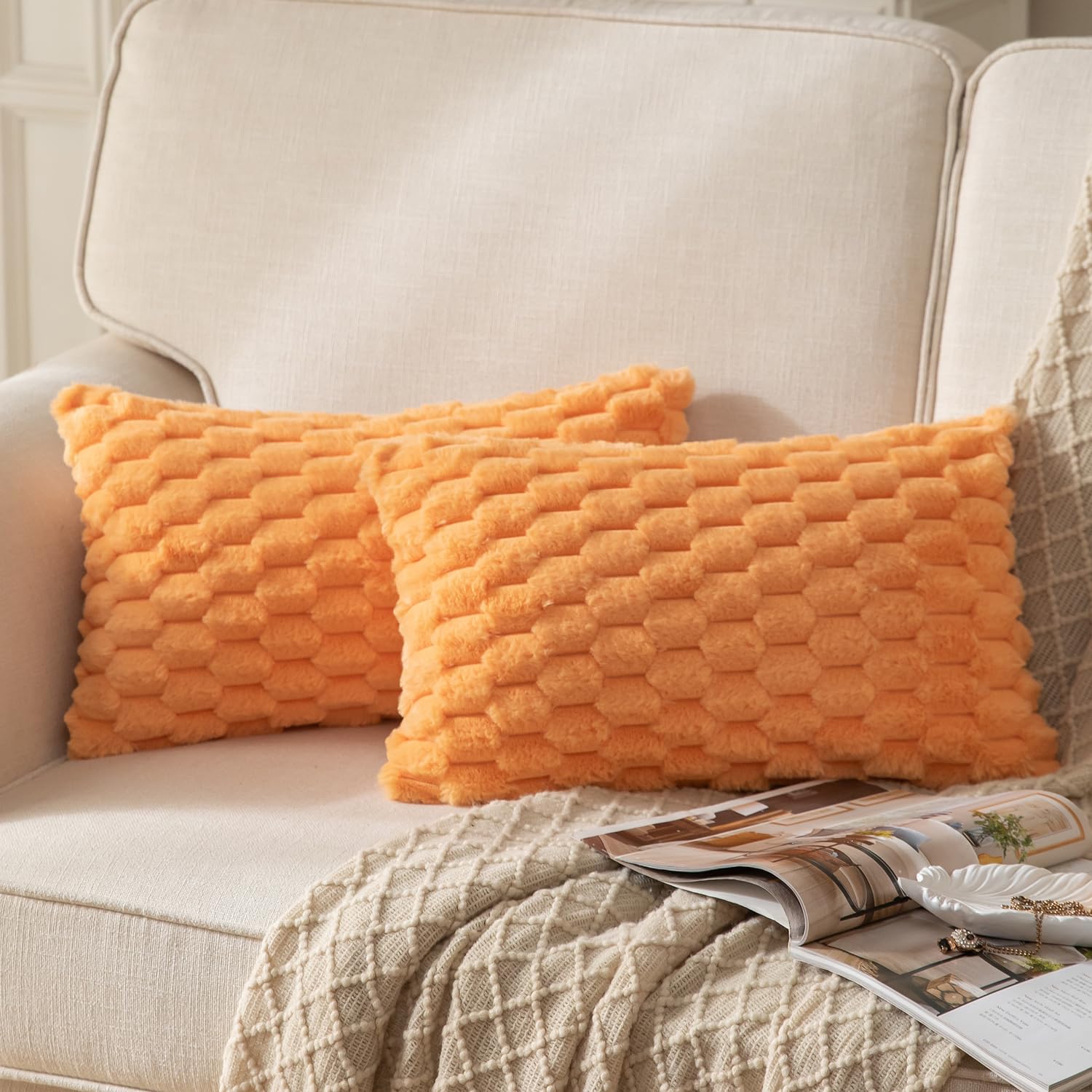 Mandioo Pack of 2 Orange Super Soft Plush Decorative Cushion Covers 12x20 inch 30x50 cm Wool Velvet Throw Pillow Covers cases Faux Fur fluffy Couch Sofa Bed Livingroom
