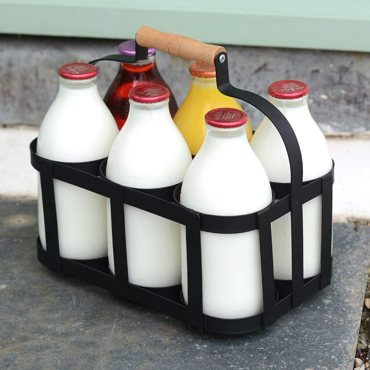 CKB LTD Milk Bottle Holder Powder Coated Steel Wire Metal Holds 6 Milk Bottles Doorstep Crate Carrier Traditional 25 x W27 x D19cm