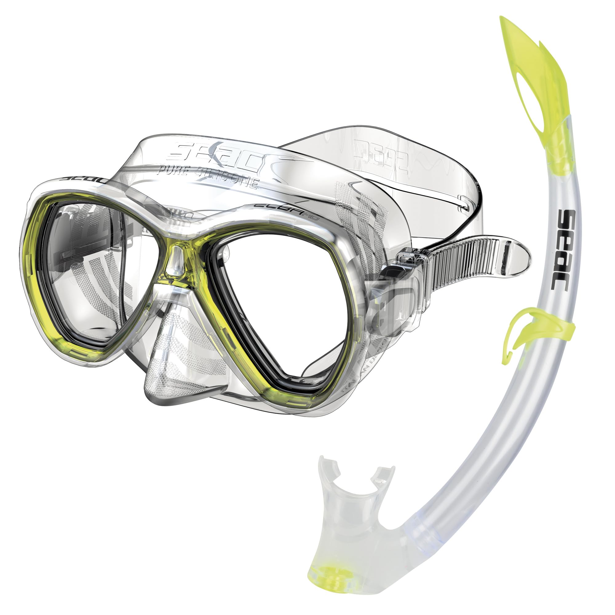 SEAC Set Elba, Snorkeling Set with Underwater Mask and Snorkel with Water Drain Valve for Boys and Girls, Transparent/Yellow, Narrow
