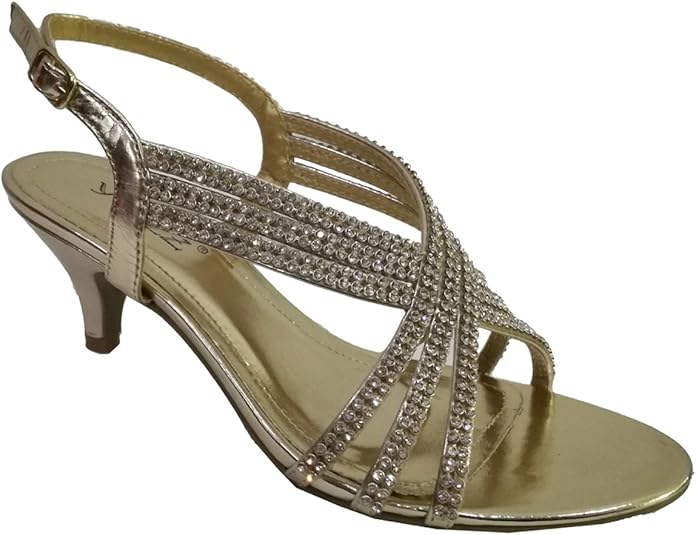Womens Gold Diamante Low Mid Heel Wedding Prom Party Strappy Sandals