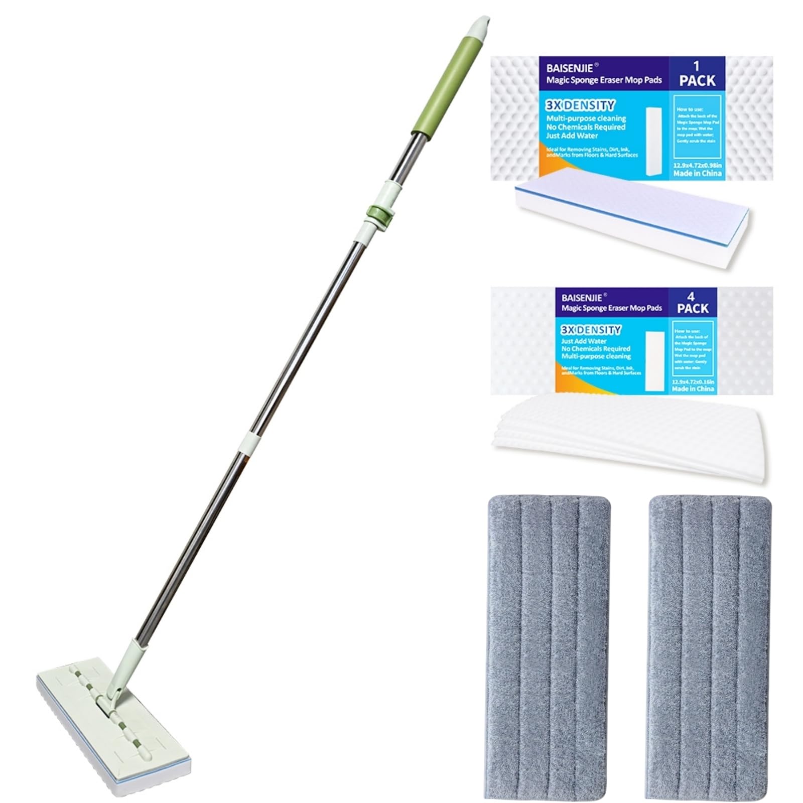 Photo 1 of Magic Sponge Eraser Mop, 60" Adjustable Mop Handle with Flexible 13" Flat Head with Microfiber Pad and Magic Sponge Eraser Pads
