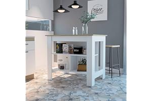 FM FURNITURE Brooklyn Kitchen Island White, Surface Color Light Oak, with Three Uncovered Shelves. for Kitchen Room