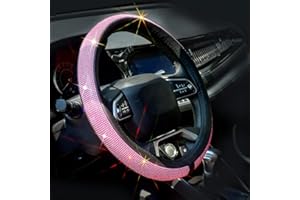 ChuLian New Diamond Leather Steering Wheel Cover with Bling Bling Crystal Rhinestones, Universal Fit 15 Inch Car Wheel Protector for Women Girls Pink Diamond
