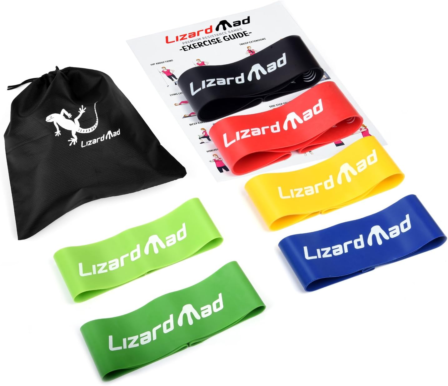 Resistance Loop Bands [Set of 6], LizardMad Natural Latex Fitness Exercise Bands for Workout, Pilates, Yoga, Rehab or Physical Therapy with Instructional Booklet, eBook (12" X 2", Five Stretch Levels)