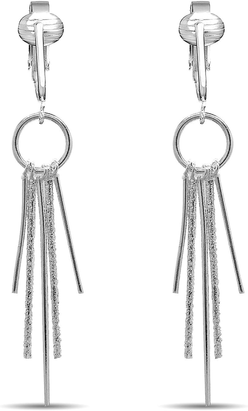 Modern Silver Dangle Clip On Earrings for Women & Clip-ons, Non-pierced Ears, Long Dazzling Drop