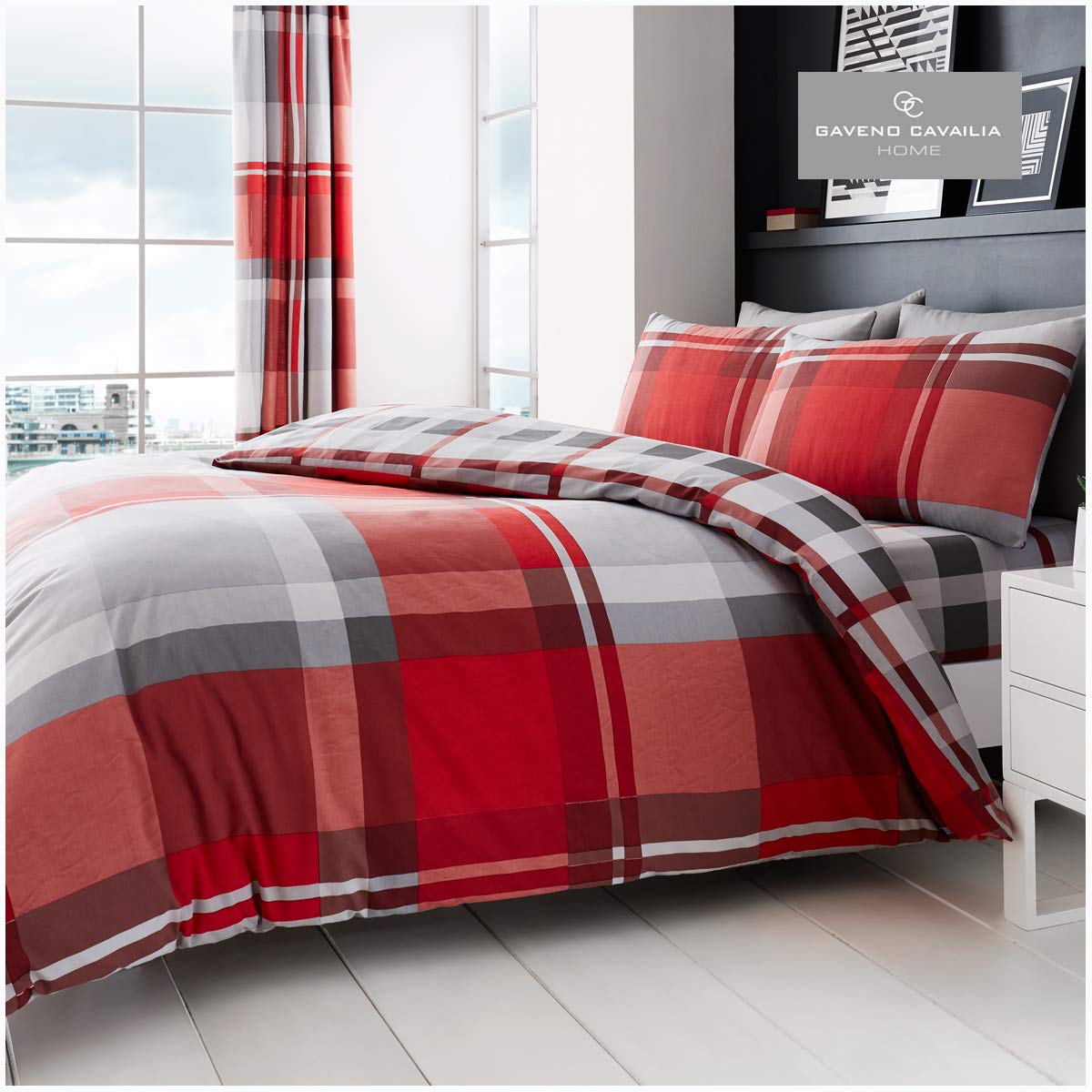 GC GAVENO CAVAILIA Gaveno Cavailia Waverly Check King Duvet Set Red Reversible Easy Care Cotton Blend 3 Piece Bedding | 1 Quilt Cover + 2 Pillow Cases | Button Closure | Machine Washable