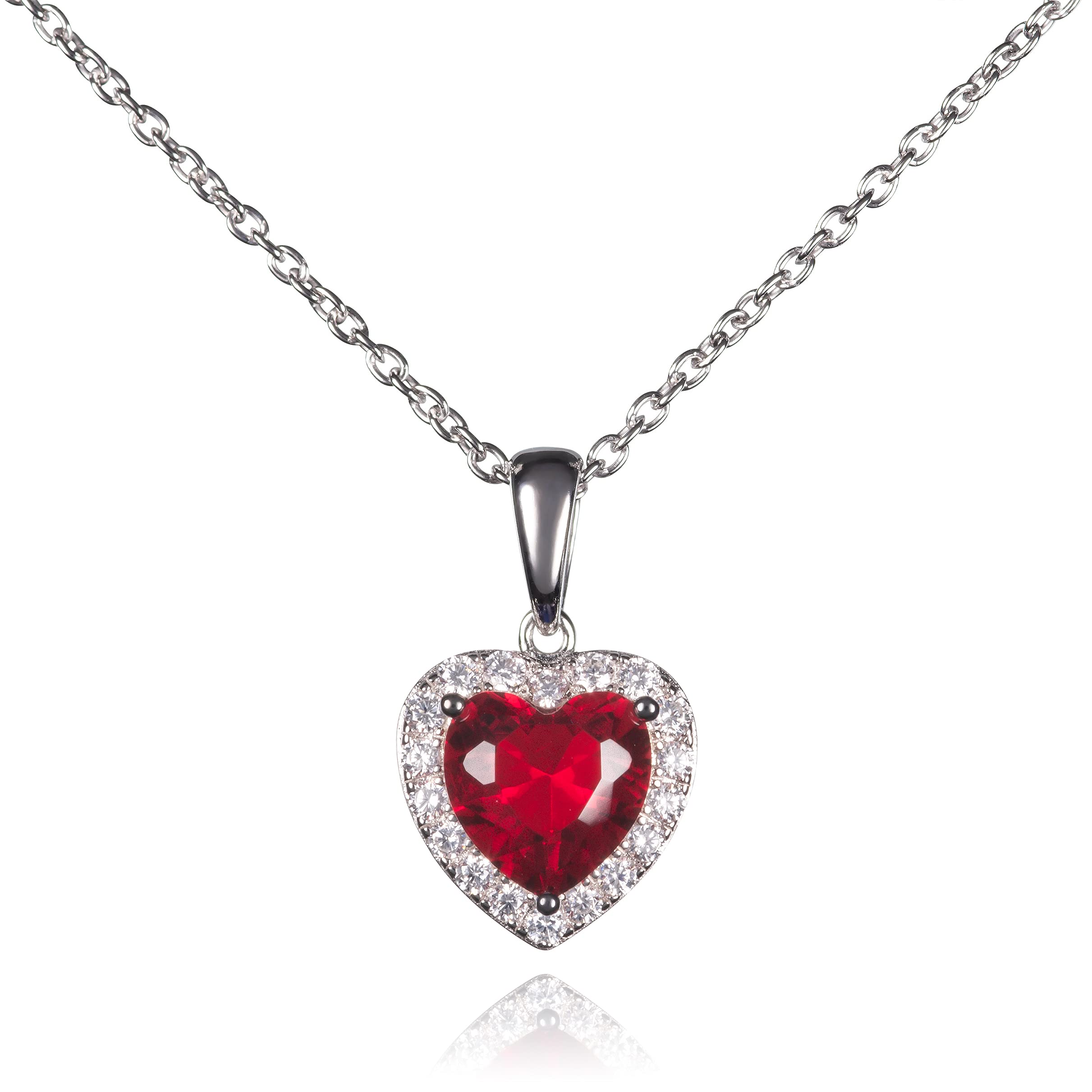 Namana Love Heart Necklace with Red Heart Shaped Ruby and White Cubic Zirconia Stones. Sterling Silver Women's Necklace with Gift Box