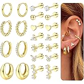Florideco Hypoallergenic Flat Back Earrings for Women Trendy Surgical Steel Earrings for Sensitive Ears 14K Gold Plated Cartilage Earring Stacks FlatBack Stud Earring Set for Multiple Piercing