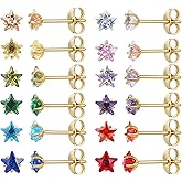 12 Pairs 18K Gold Plated Surgical Stainless Steel Stud Earrings, Star Heart Square Stud Earring for Women, Cubic Zirconia Birthstone Stud Earrings Set