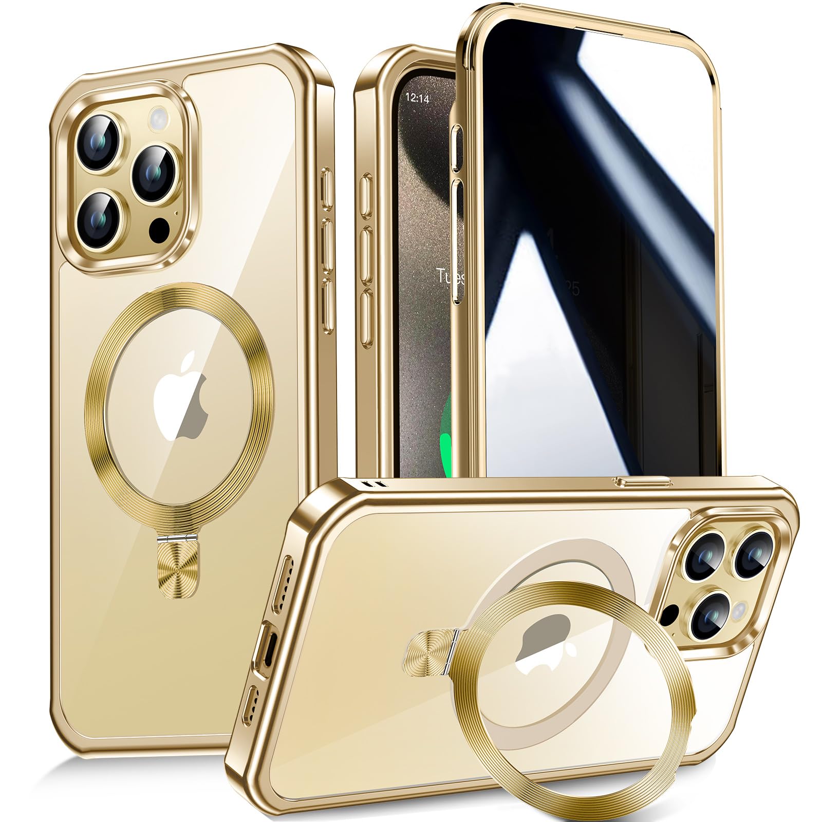 Photo 1 of [CD Metal Ring Stand + Built-in Privacy Screen Protector] Magnetic Case for iPhone 15 Pro 6.1" [Soft Bumper Full Signal] [Compatible with MagSafe] 9H Glass Full Body Shockproof Clear Case, Gold