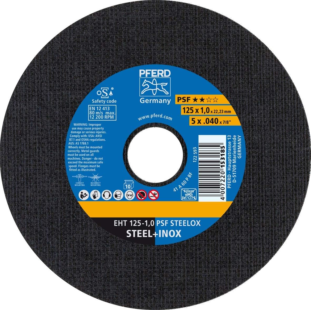 PFERD Pack of 10 Cutting disc, 125 x 1.0 x 22.23 mm, Straight, PSF Steelox (22.23 mm), 61721110