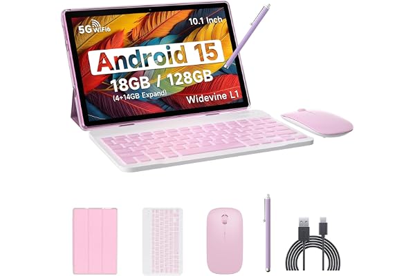IWEGGO Android 15 Tablet, 10 Inch 18GB RAM+128GB ROM/ 2TB Expandable Tablet, 2.0GHz Quad-core Processor, 1280*800 HD Touch Screen, 5G WiFi6 BT 5.0, 2 in 1 Tablets with Keyboard Case Mouse Stylus Pink