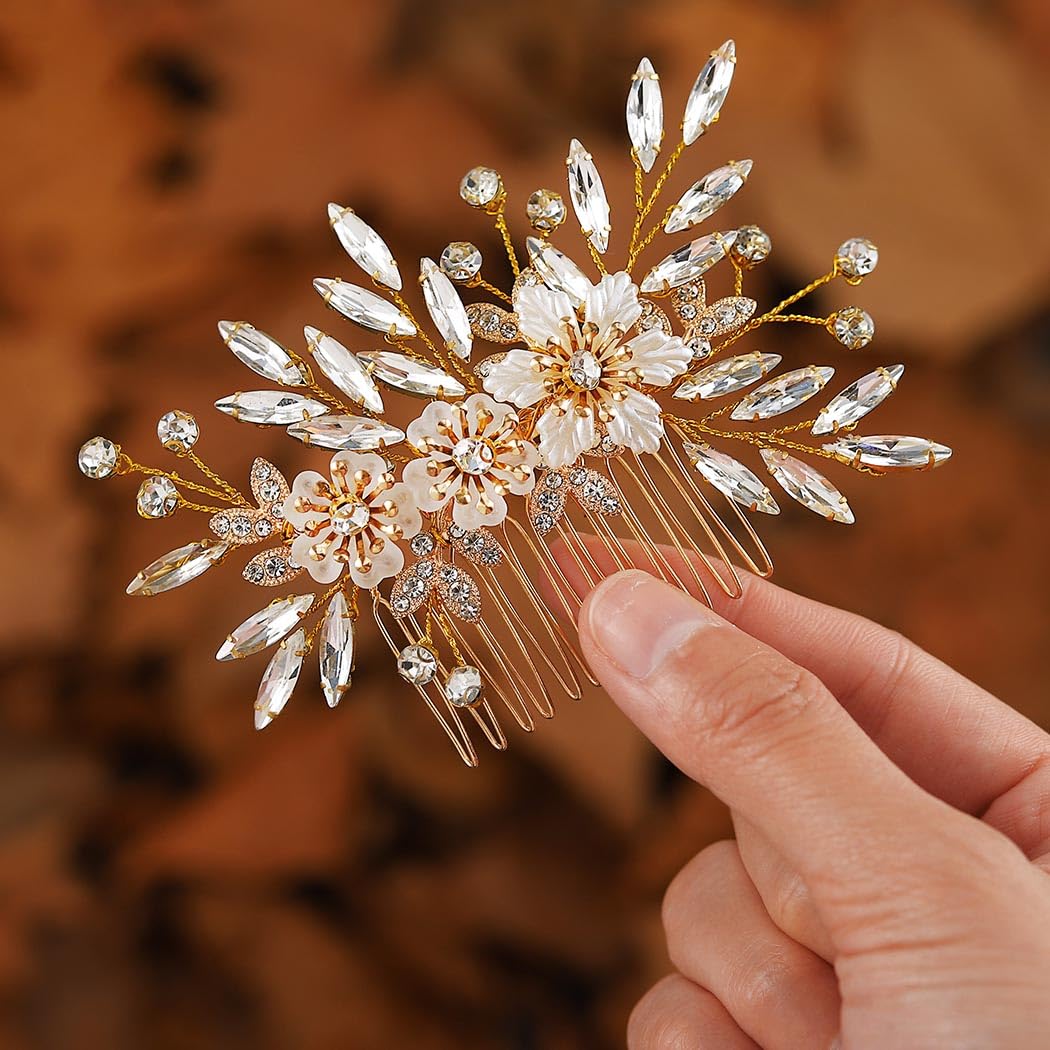 Gold Crystal Flower Bride Hair Comb Rhinestone Leaf Bridal  display picture 1