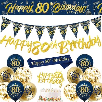DearLives Blue Gold 80th Birthday Decoration Kit Banner Sash Balloons