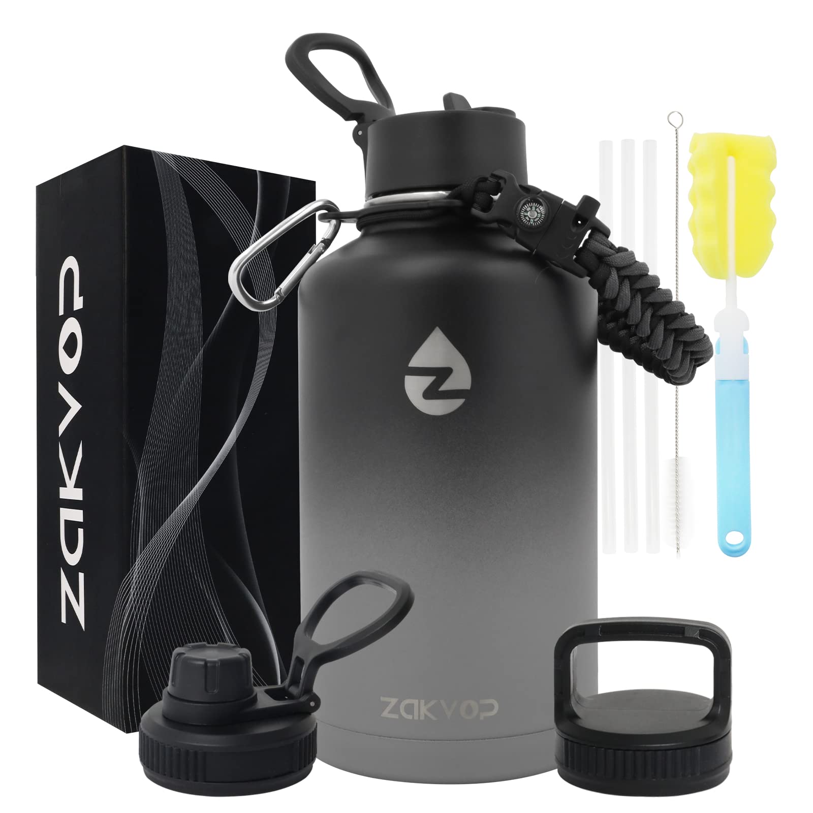 ZAKVOP 2L Insulated Water Bottle with Straws&3 Lids, Stainless Steel Water Bottle with Paracord Handle, 2 Litre Water Bottle Metal with Bottle Brushes for Gym, Hiking, Camping — image 1