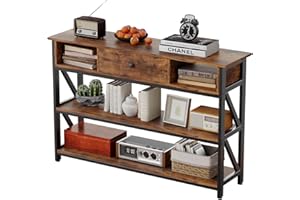 Mexin Console Table with Drawer Shelves, Entryway Table with 3 Tier Storage Shelves, Industrial Wood Hallway Sofa Table for L