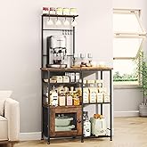 SWTYMIKI Bakers Rack with Storage - Coffee Bar Cabinet Organizer with 8 Hooks, Shelves & Cabinet Door, Coffee Station for Kitchen Dining Room, Microwave Stand with Adjustable Feet, Espresso