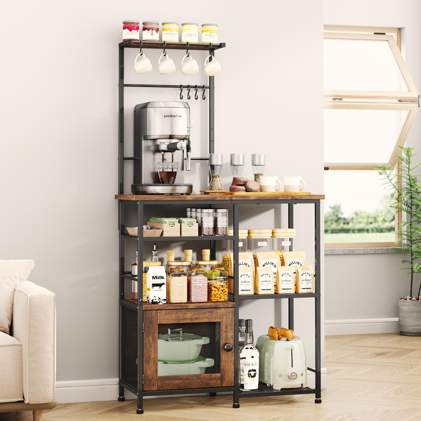 Photo 1 of SWTYMIKI Bakers Rack with Storage - Coffee Bar Cabinet Organizer with 8 Hooks, Shelves & Cabinet Door, Coffee Station for Kitchen Dining Room, Microwave Stand with Adjustable Feet, Espresso