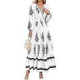 PRETTYGARDEN Women's 2026 Fall Wedding Guest Dresses Boho Floral Long Sleeve V Neck Flowy Elegant Maxi Dress Beach Clothes