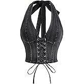 WDIRARA Women's Lace Up Front Denim Halter Tops Deep V Neck Tie Back Smocked Sleeveless Crop Top