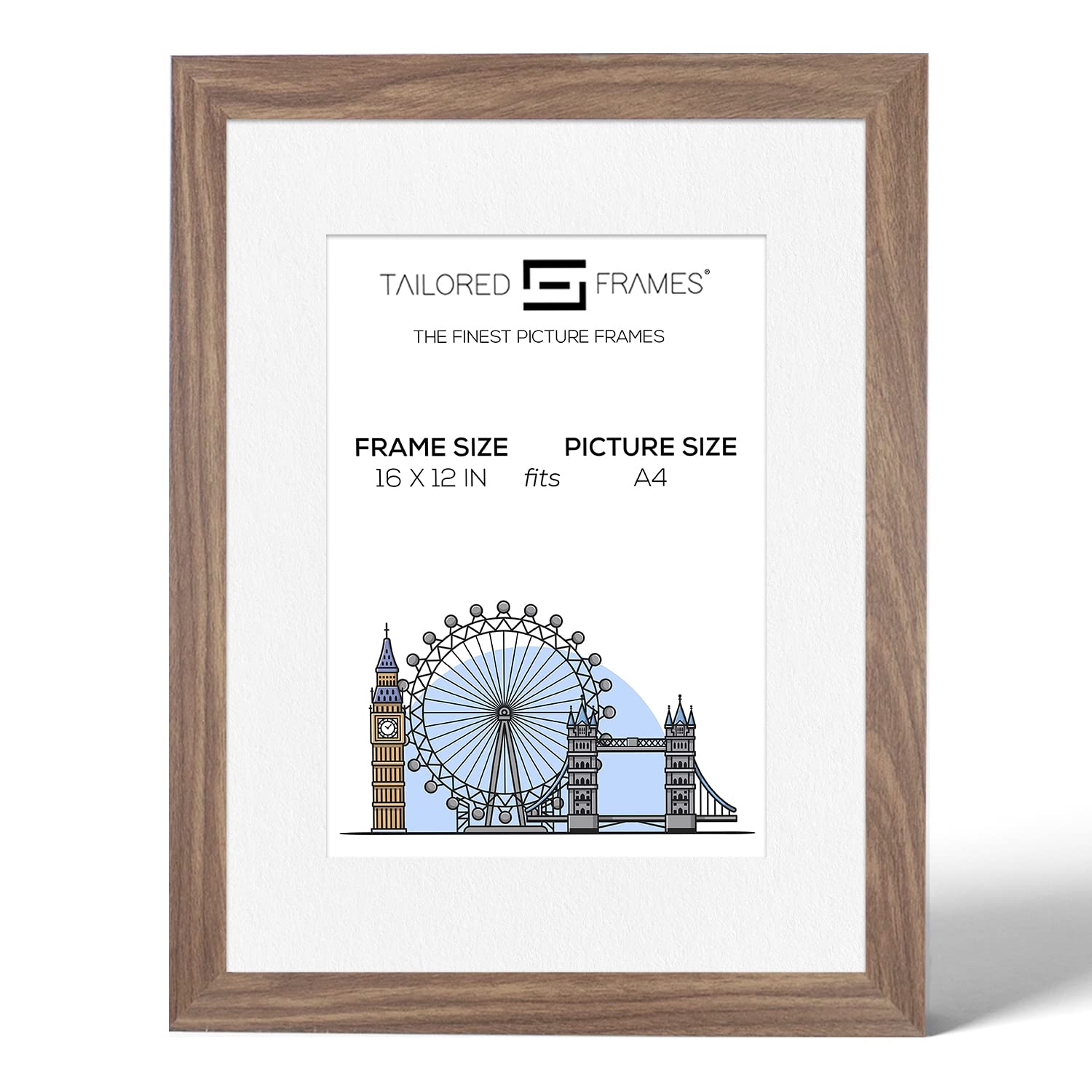 Tailored Frames Seattle Walnut 16" x 12" Frame for A4 Picture | Single Picture Frames | Wall Hanging Type | Photo Frame With White Mount