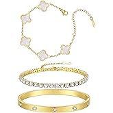 AOROCO 3Pcs 18K Gold Plated Love Bangle Clover Lucky Tennis Bracelets Set Non Tarnish Trendy Bracelet Jewelry Gifts for Women