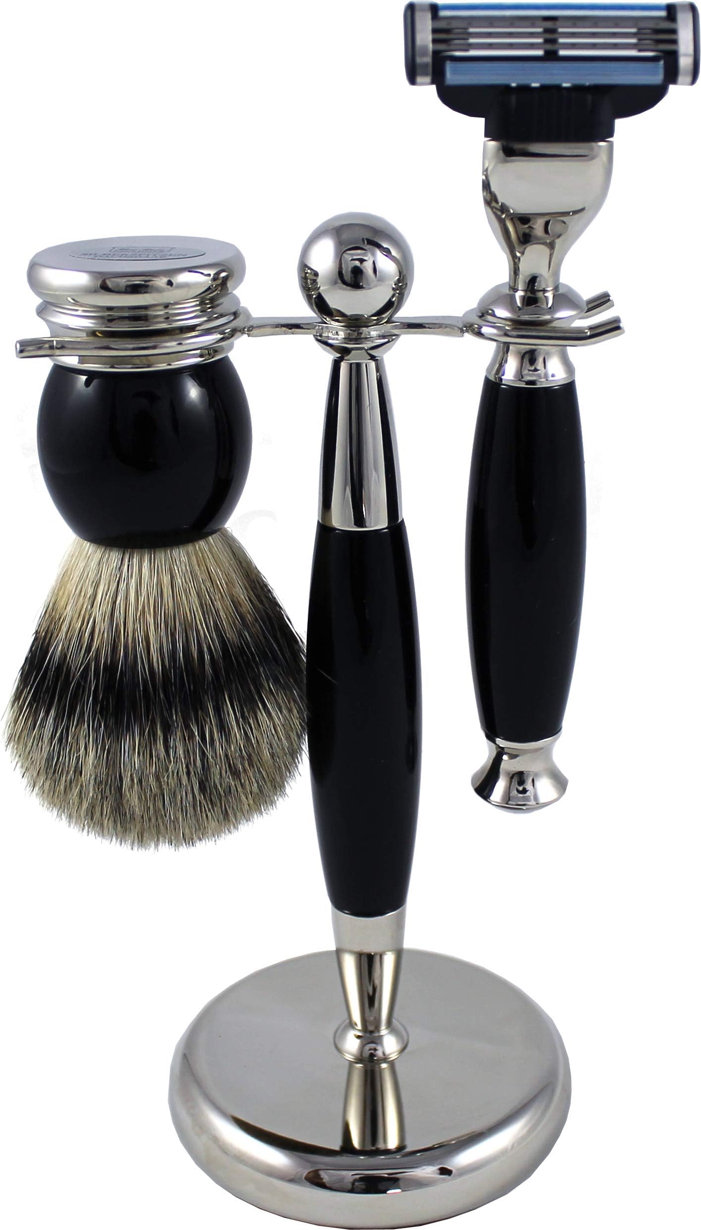 Hans Baier - Shaving Set Razor, Shaving Brush Silvertip, Holder Black/Chrome