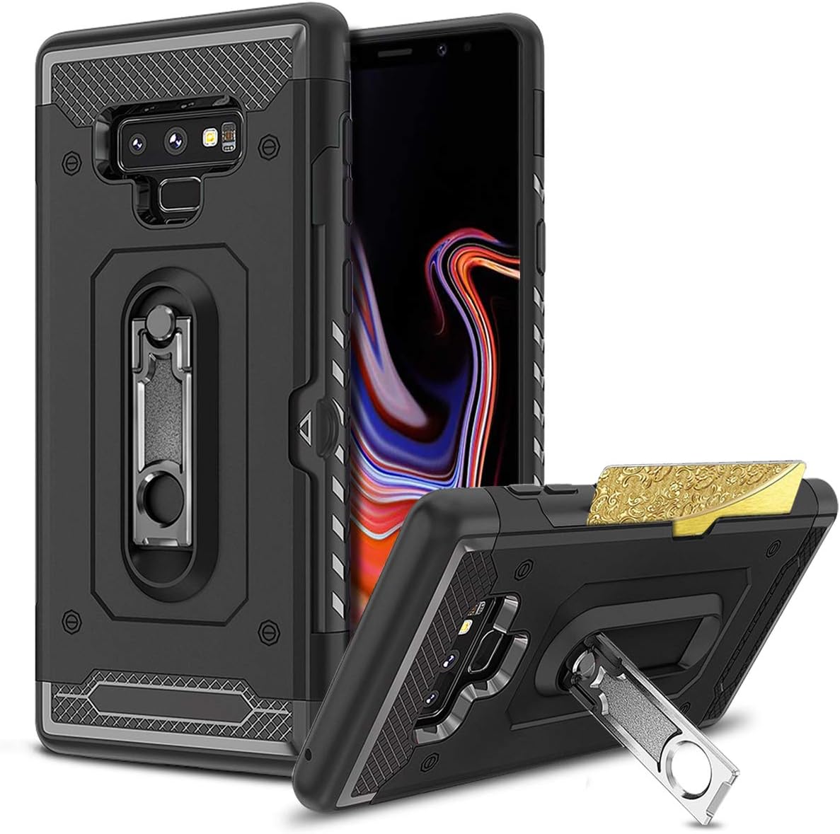 Black Galaxy Note 9 Case with Kickstand,GREATRULY Heavy Duty Dual Layer Rugged Armor Phone Case for Samsung Galaxy Note 9 (2018),Hard Shell + Shockproof TPU + Unique Stand + Card Holder,KS-C