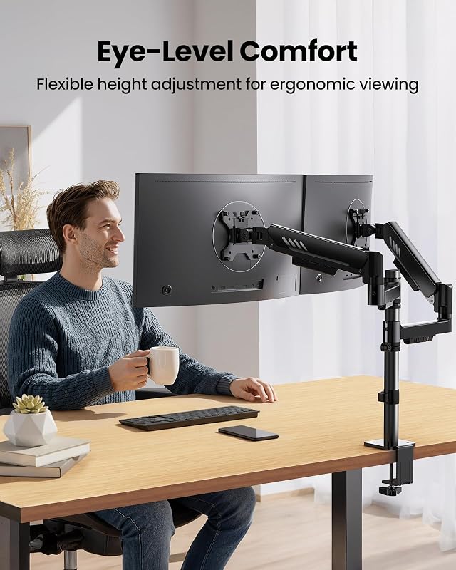 Braccio Monitor Doppio Verticale, Supporto Schermi 13-32″, fino a 9kg per Braccio, Maggiore Stabilità con Morsetto a C Integrato, Gestione dei Cavi Migliorata, VESA 75x75/100x100 mm, Nero