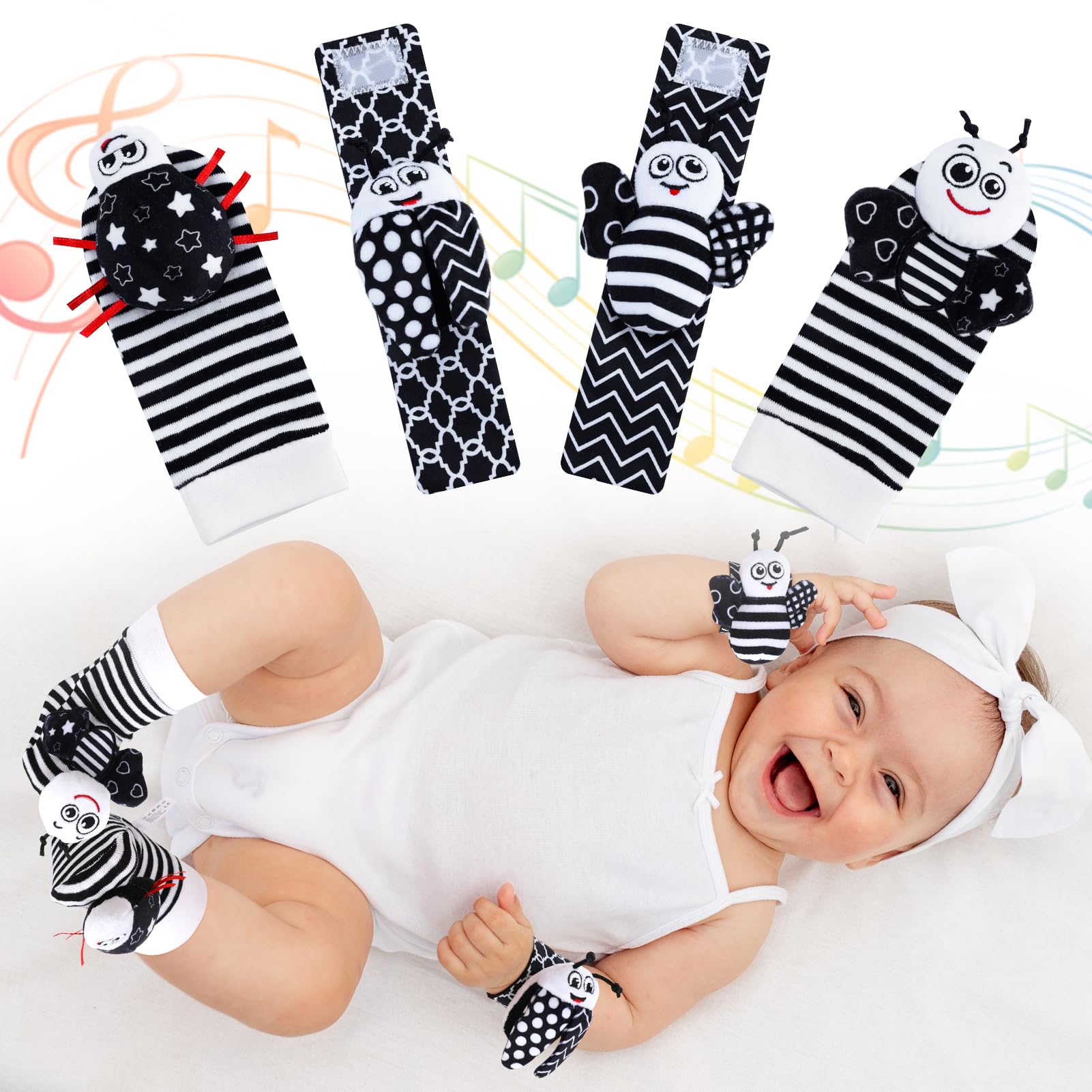 GSrenyu 4Pcs Baby Toys Baby Rattle Socks Wrist Strap Rattles Set, Soft Black and White Bee Ladybug Baby Brain Development Rattle Toy, Newborn Foot Finder Socks & Wrist Rattles for Babies 0-12 Months