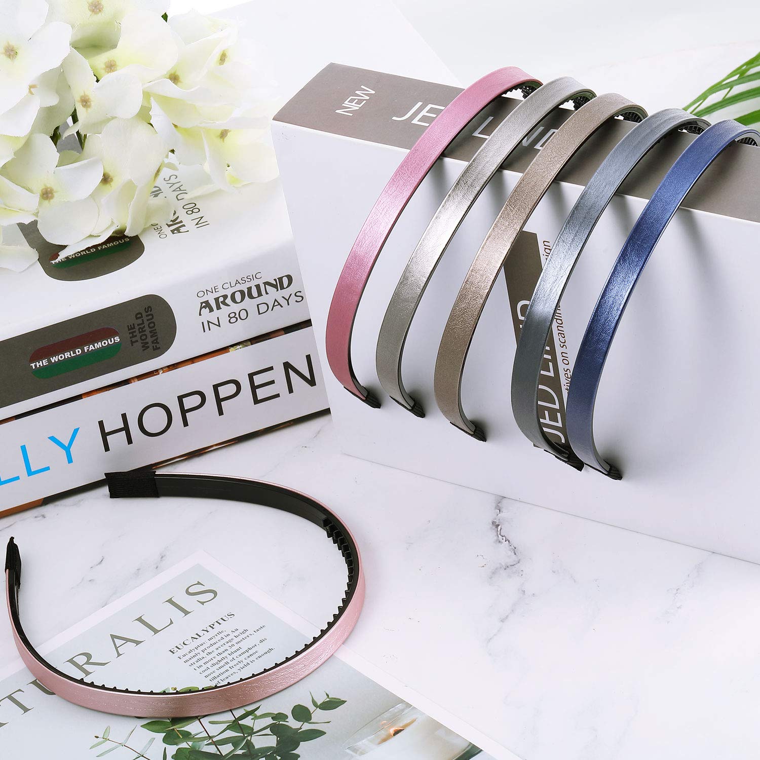 6 Pieces Skinny Leather Covered Headband Plastic Skinny Headband Hair Loop Clasp Hairbands Solid Simple Headband for Women and Girls (Lustrous Pink, Rose Red, Blue, Gold, Silver and Grey) : Beauty