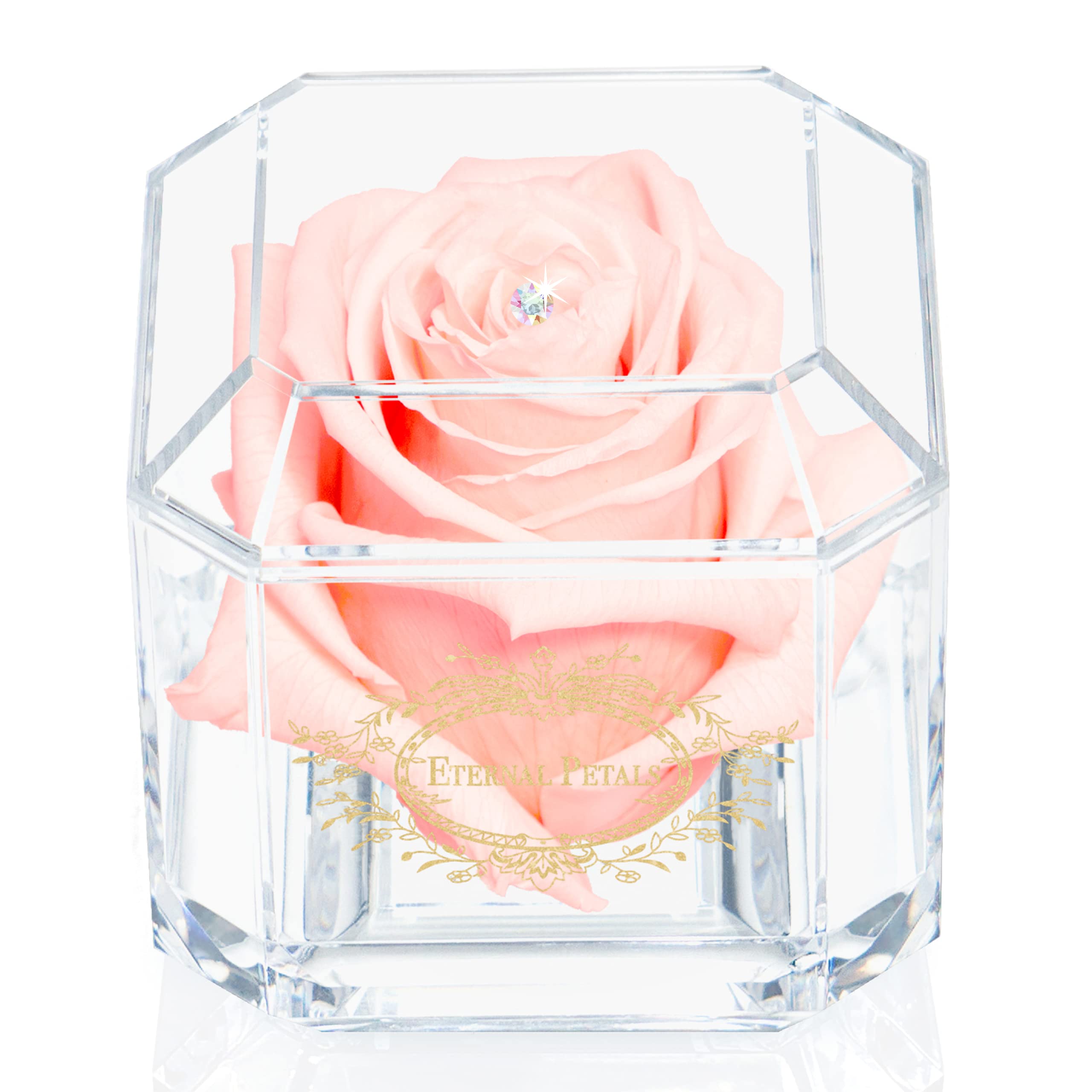 A 100% Real Rose That Lasts Years - Eternal Petals, Handmade in UK – Gold Solo with A Multicolour Crystal (Blush)
