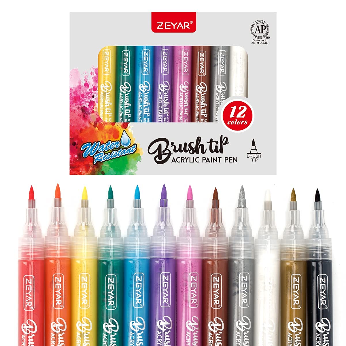 ZEYAR Acrylic Paint Pens Brush Tip, Valve-action Structure, Waterproof Ink, Writes on Paper, Rock, Rubber, Ceramics, Wood, Glass and more, Patented Product (12 Classic Colors)