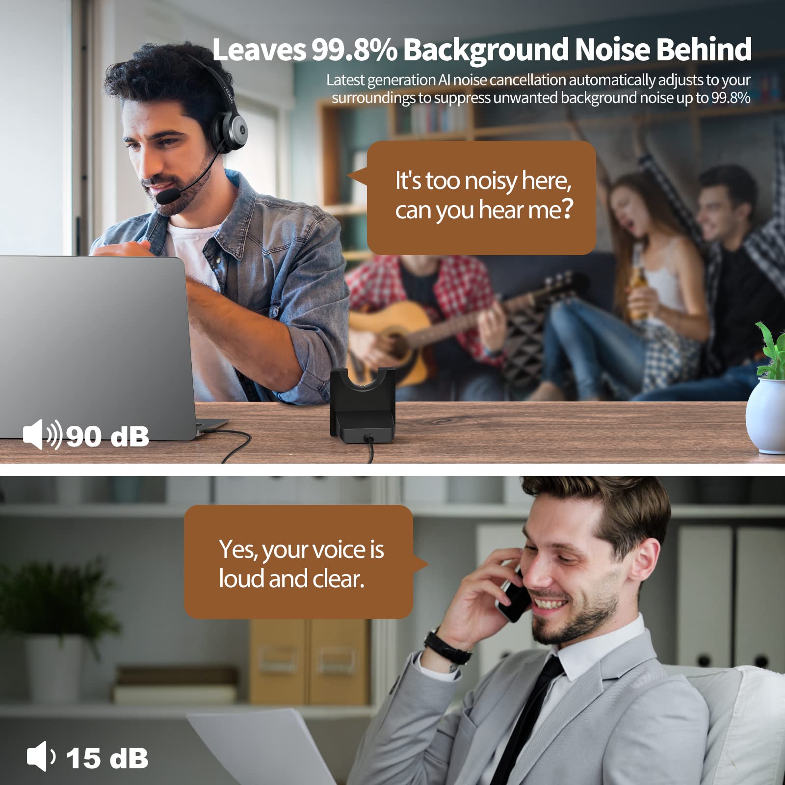 TECKNET Bluetooth 5.0 Headset with Microphone for PC, USB Wireless Headset with Mic for Work, 40Hrs Worktime AI Noise Cancelling On Ear Bluetooth Headphones with Charging Base for Laptop/Call Center