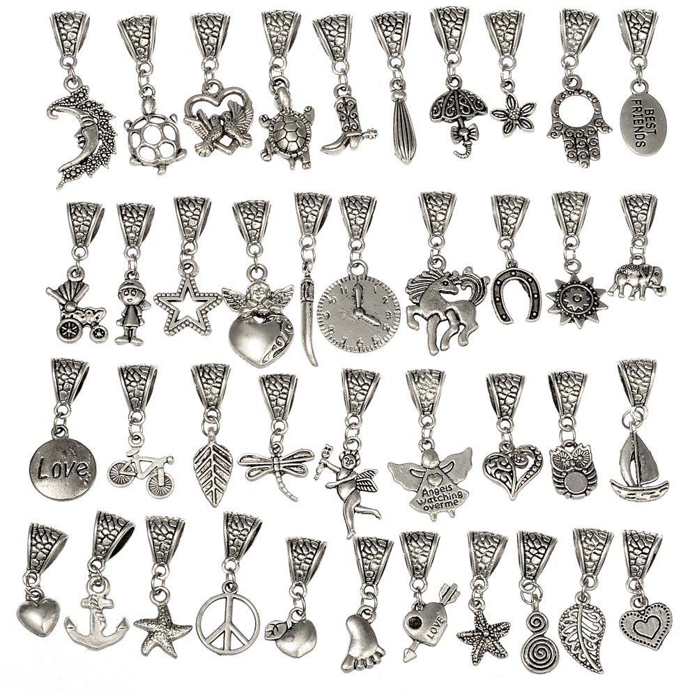 RUBYCA 120Pcs Tibetan Silver Color Connector Bails Mix Beads with Pendant fit Charm Bracelet 401