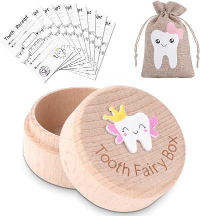 HOTUT 3D Carved Tooth Fairy Box Kit Beech Wood Keepsake with Linen Bag