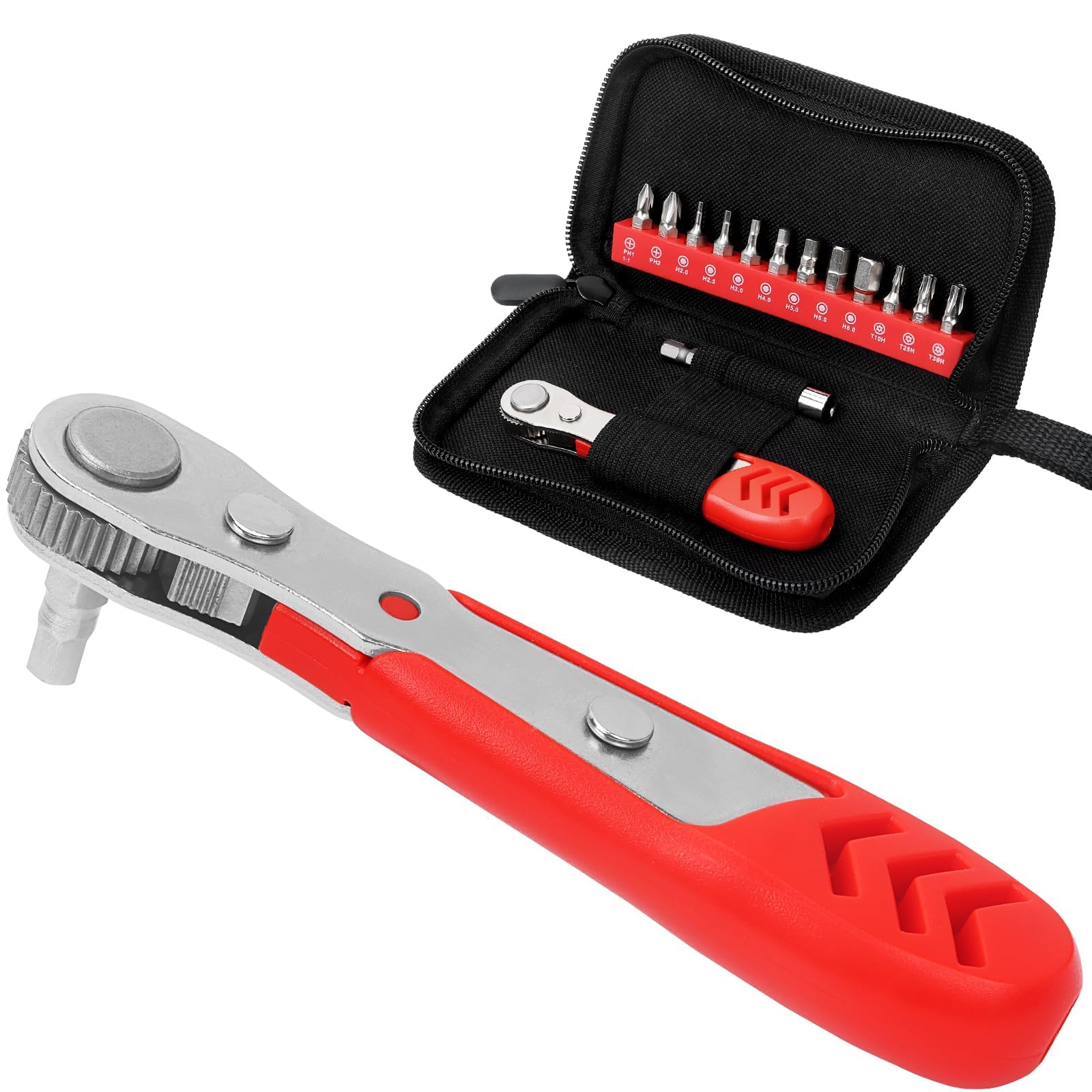 Photo 1 of STREBITO Right Angle Screwdriver 14 Piece Mini Ratchet Set, Offset Screwdriver Low Profile Ratchet Screwdriver Set with 1/4 Ratchet, Hex, Phillips, and Torx, EDC Bit Driver for Tight Spaces, Bike
