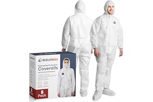MEDICAL NATION Hazmat Suits Disposable | 5 Pack | Protective Coveralls with Attached Hood and Boots | Heavy Duty Full Body Painters Suit for Adults - Breathable & Water Resistant | Small