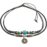 Ancient Tribe Boho Hemp Leather Choker Necklace with Turquoise Bead and Pendant, Adjuatable 15 Inches