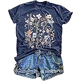 Deranex Women's Vintage Floral T-Shirt Boho Wildflower Graphic Tee Casual Short Sleeve Summer Tshirt
