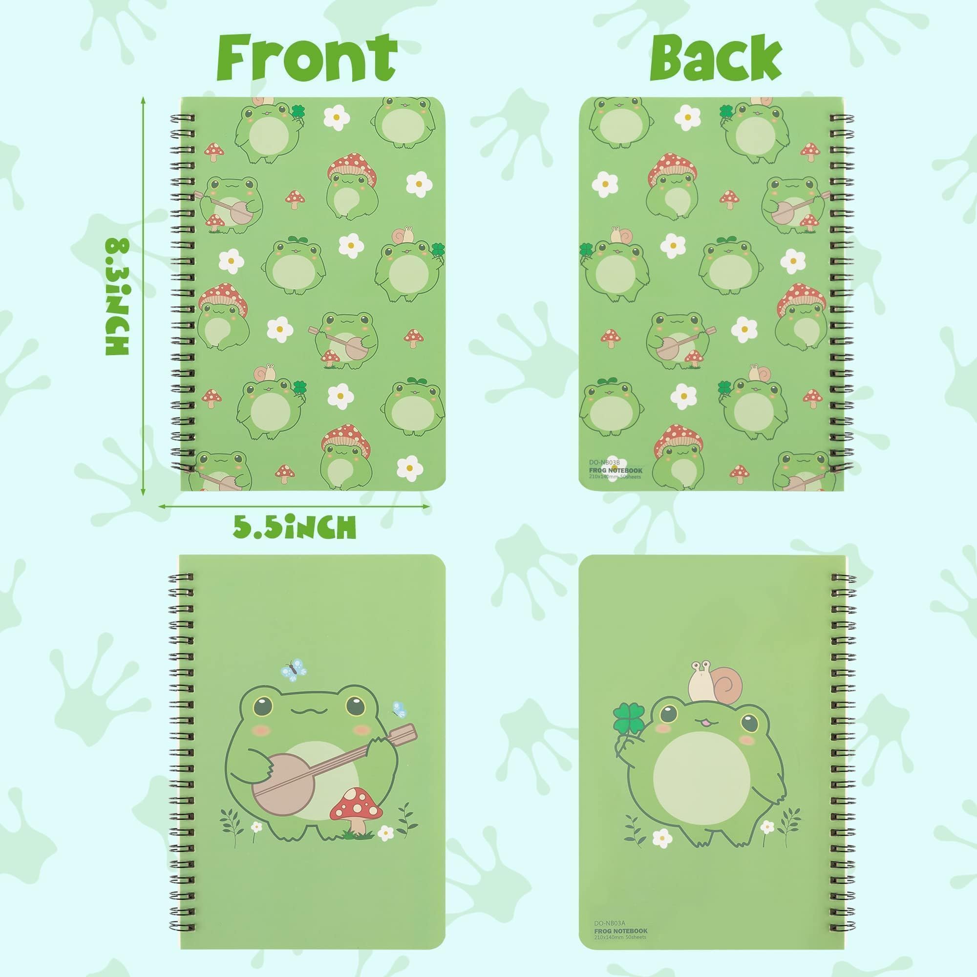L1rabe 2 A5 Frog Spiral Notebooks Christmas Gift Cute Frog Green College Ruled Hardbound Notebooks, Exercise Book Diary Notepad Travel Journal for Kids Teens Students Winter Birthday New Year Gifts