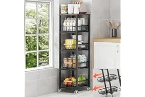 KOLENSA Metal Wire Baskets with Wheels, Stackable Storage Bins Kitchen Organizer Shelf, Multi Layer Fruit Vegetable Cart Dish