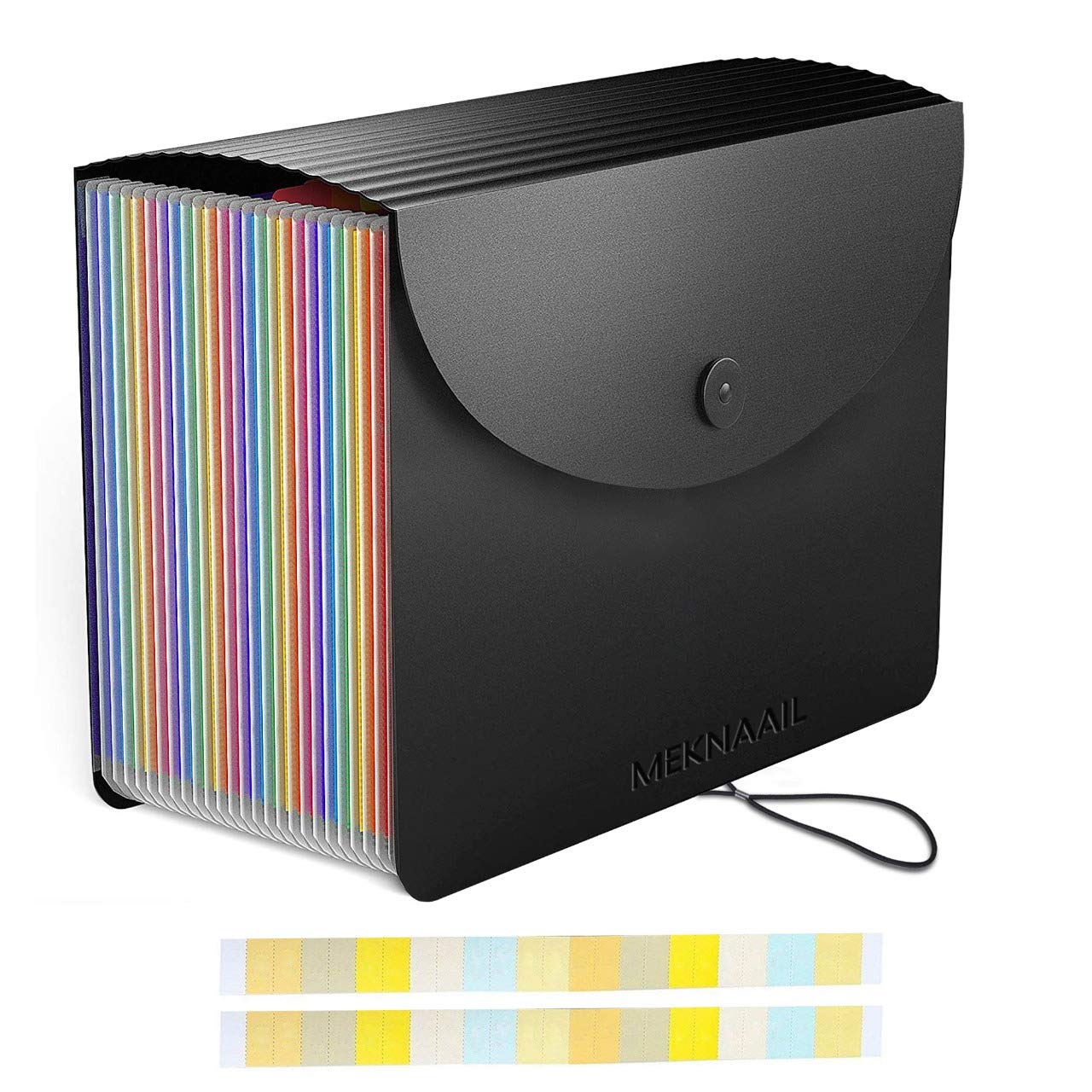 Meknaail File Organiser 24 Pockets Document Organiser Expanding Accordion Filing Folders for Paperwork A4 Size with Lid and Colour Labels Rainbow Document Box for Paper and File Storage (24 Pockets)