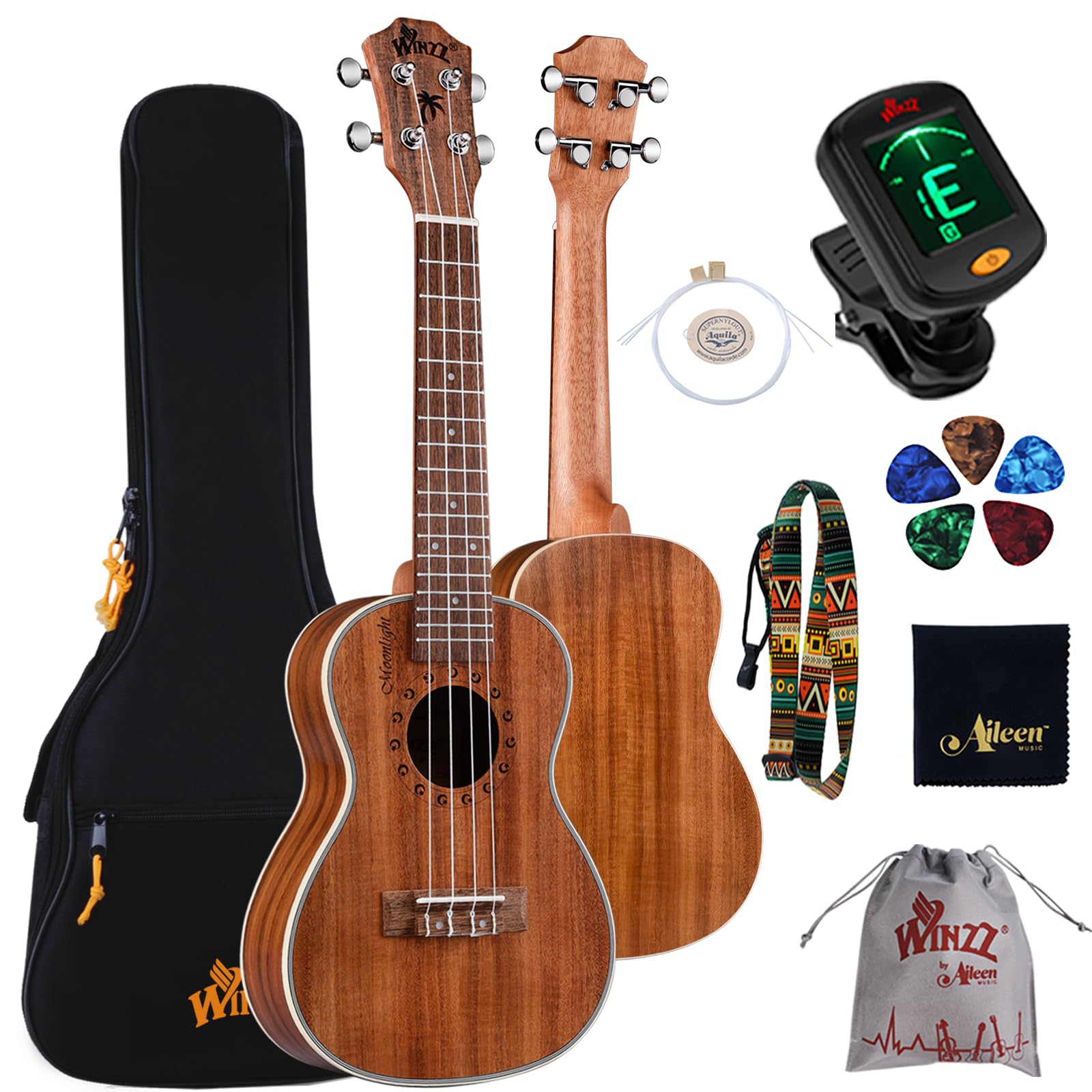 Winzz Concert Ukulele Best Selection Wood KOA kulele Kit for Starter or Professional with 6 Accessories - Natural Matte (23")