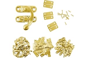 MANSHU 40pcs Small Box Hinges, 20 Sets Antique Right Latch Hook Hasp Wood Jewelry Box Hasp Catch Decoration with 240 Pieces Replacement Screws - Gold Tone