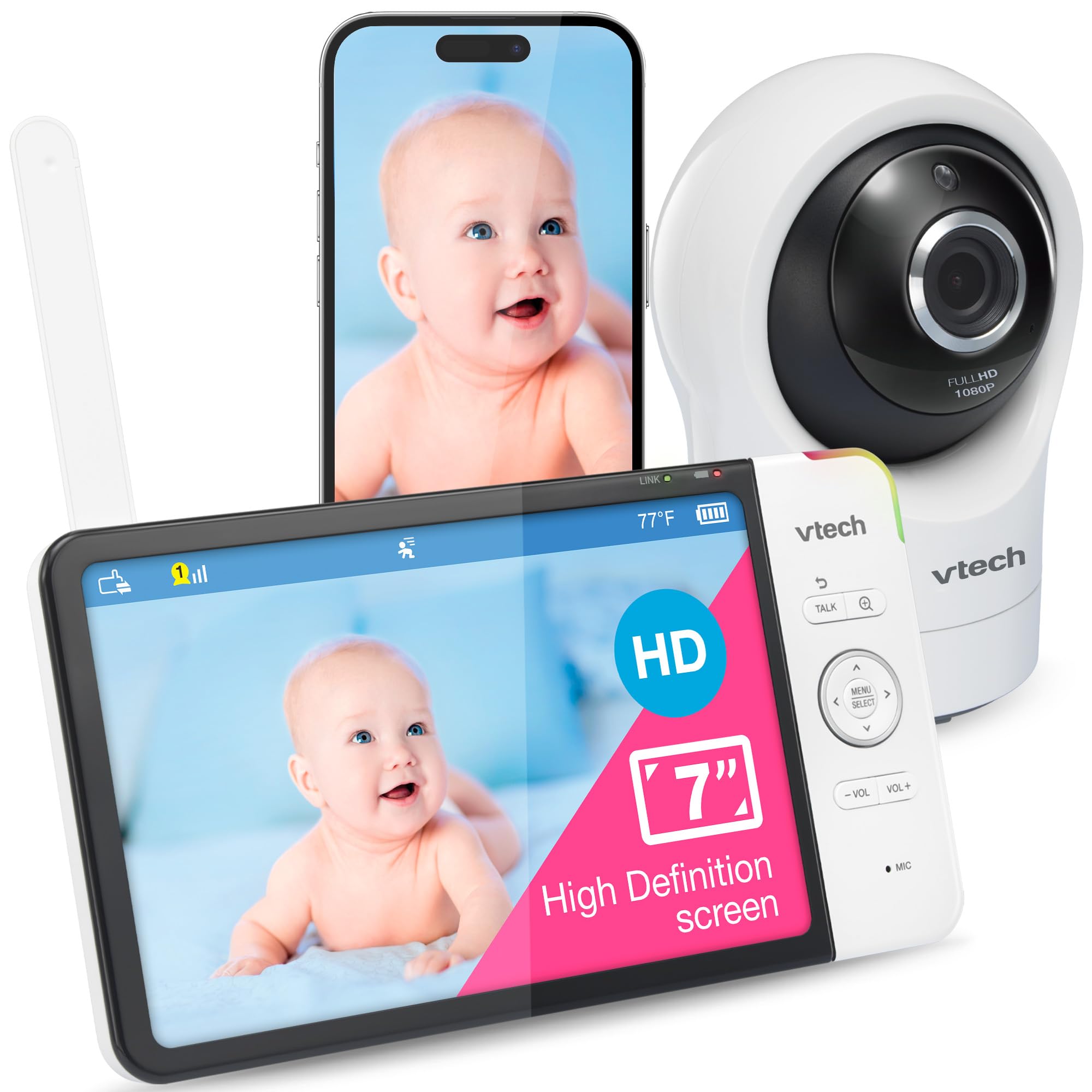 Vtech RM7764HD with Camera 1080p WiFi Remote Access, 7 Inch Video, 360° Pan and Tilt, with Camera HD Night Vision 2-Way Talk Temperature Sensor, iOS & Android