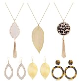 ZITULRY Leopard Print Long Pendant Necklace Dangle Drop Earrings Set for Women Leaf Tassel Necklace Tortoise Shell Acrylic Resin Earrings 6 PCS