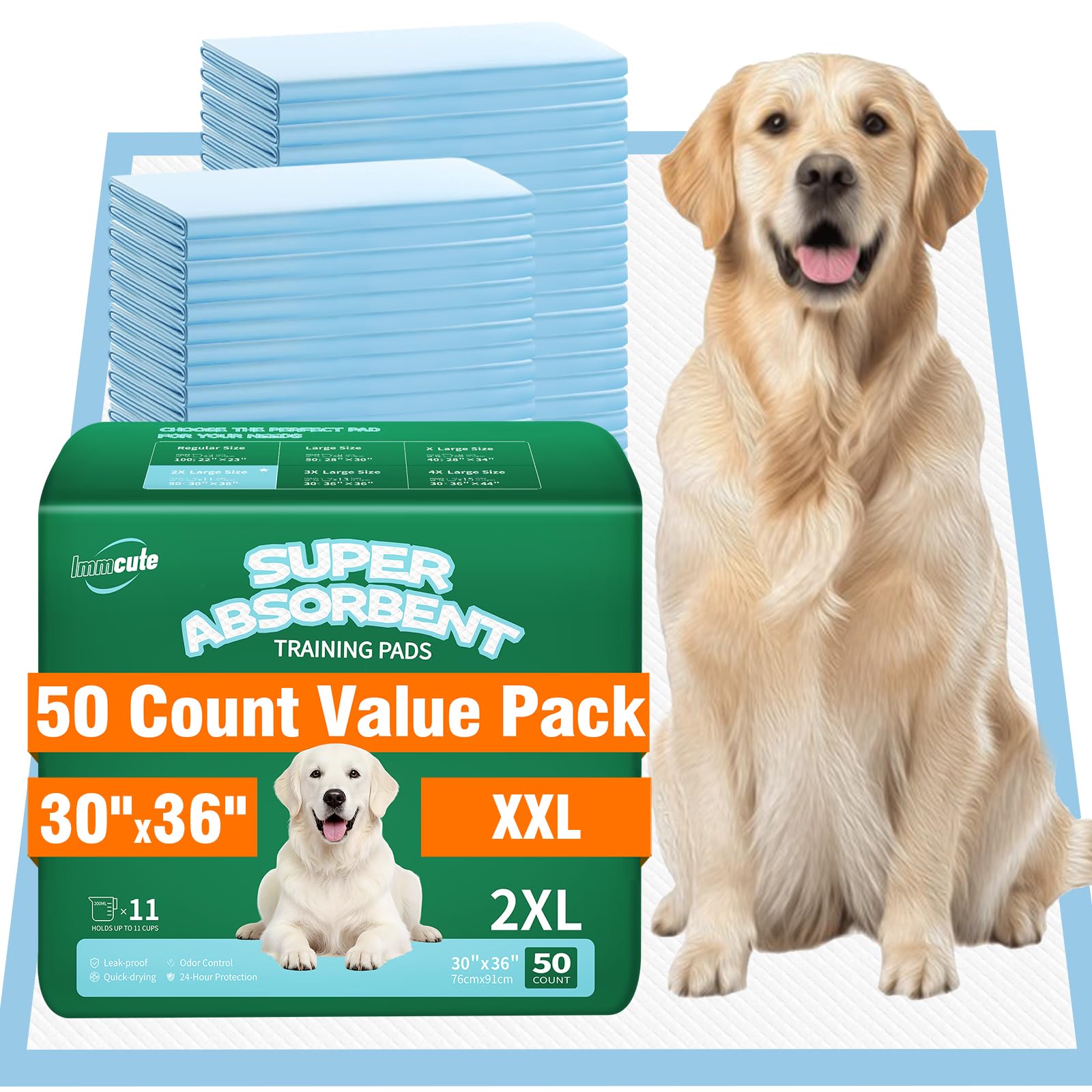 IMMCUTE Great Value Puppy Pads 30"x36", 50 Pack Pee Pads for Dogs XXL, Thicken Dog Pee Pads Extra Large for Potty Training, Disposable Leak-Proof & Absorbent Doggie Pads Image